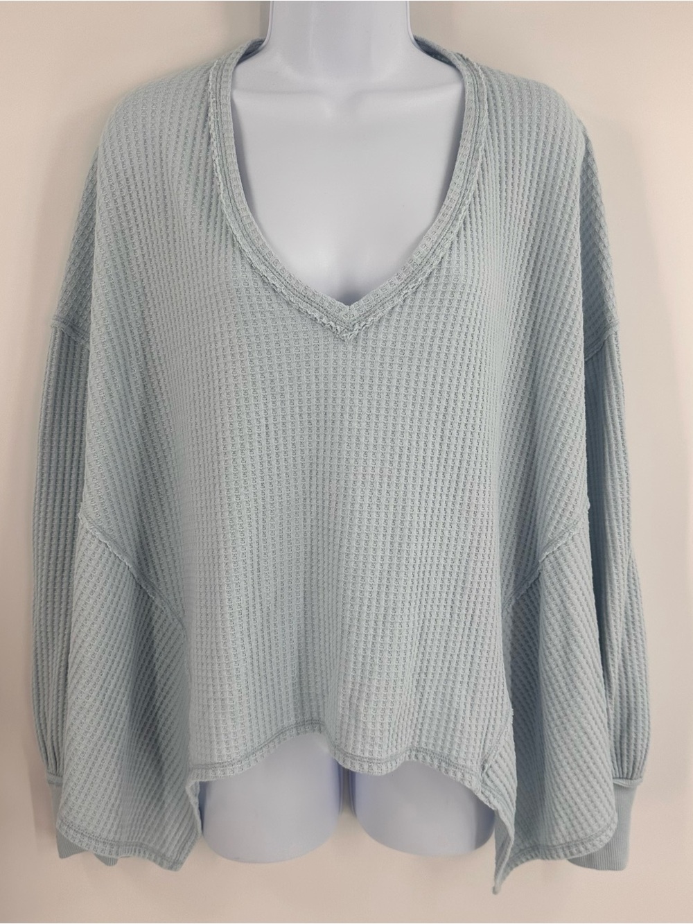 We The Free People Coraline Thermal Small Blue Waffle Knit Top V-Neck Oversized